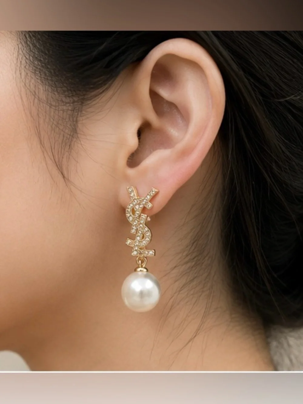 Gold-Tone Faux Pearl & Crystal Drop Earrings – Elegant Statement Dangle Earrings